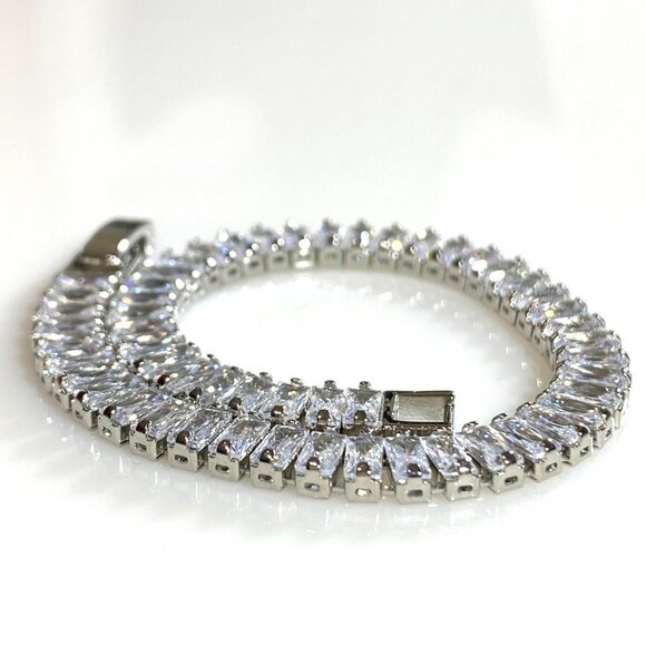 Sterling Silver with Clear Cubic Zirconia Baguette Tennis Bracelet - Picture 4 of 12